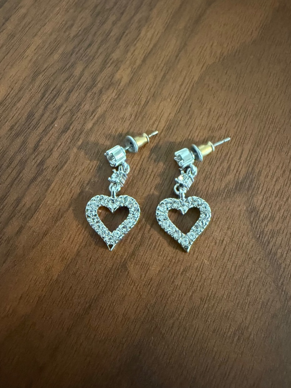 NWOT - Dainty Silver Tone Pave Open Heart Drop Earrings